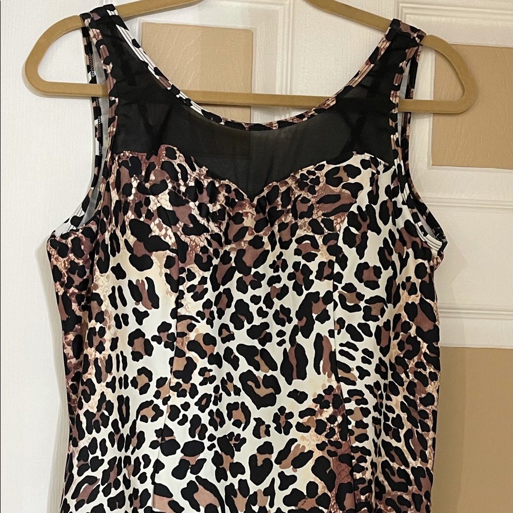 Swim dress (leopard print) with mesh neckline